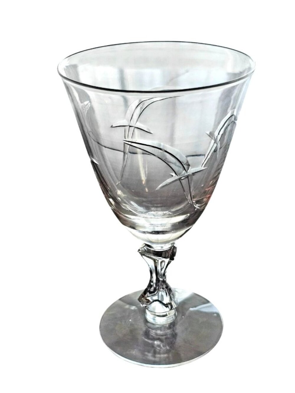 Tiffin Franciscan Lark Water Goblet Glass etched Crystal Barware MCM sculpted st